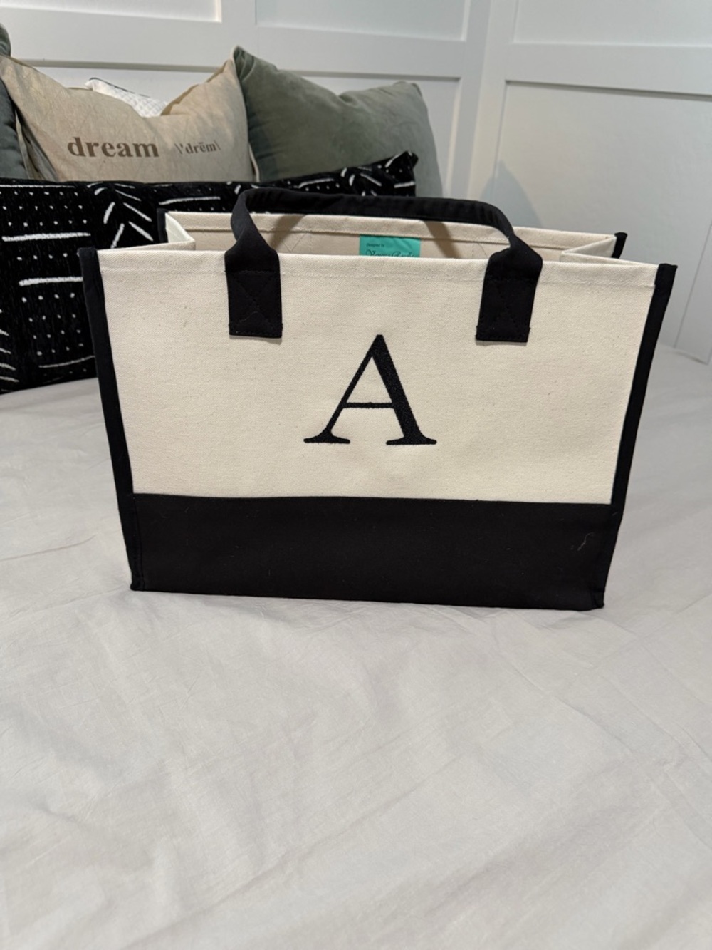 Vanessa Rosella Two-Tone Canvas Tote with Monogram 'A' in Black and Cream
